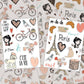 Sticker Sheets, Paris Scrapbook, Vinyl Decal, Party Favor, Journal Sticker, Stickers for Laptop, Paris Theme Gifts, Eiffel Tower, Hearts Art