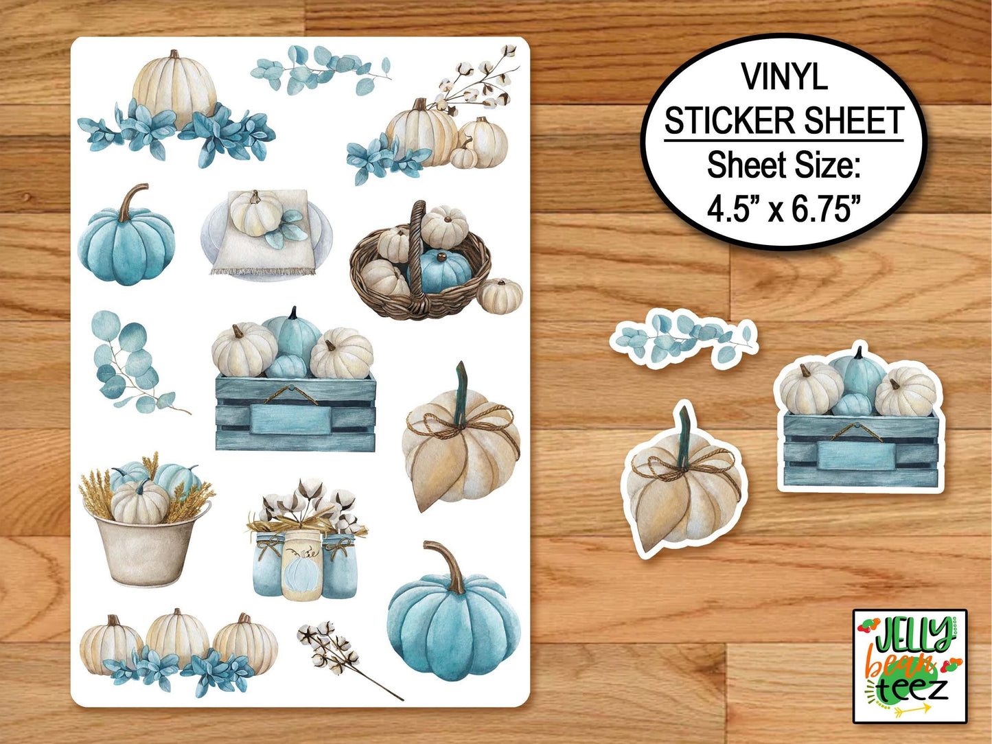 Farmhouse Pumpkin Stickers, Sticker Sheet, Holiday Stickers, Journal Stickers, Cottagecore Stickers, Blue Fall Stickers, White Pumpkin Decal