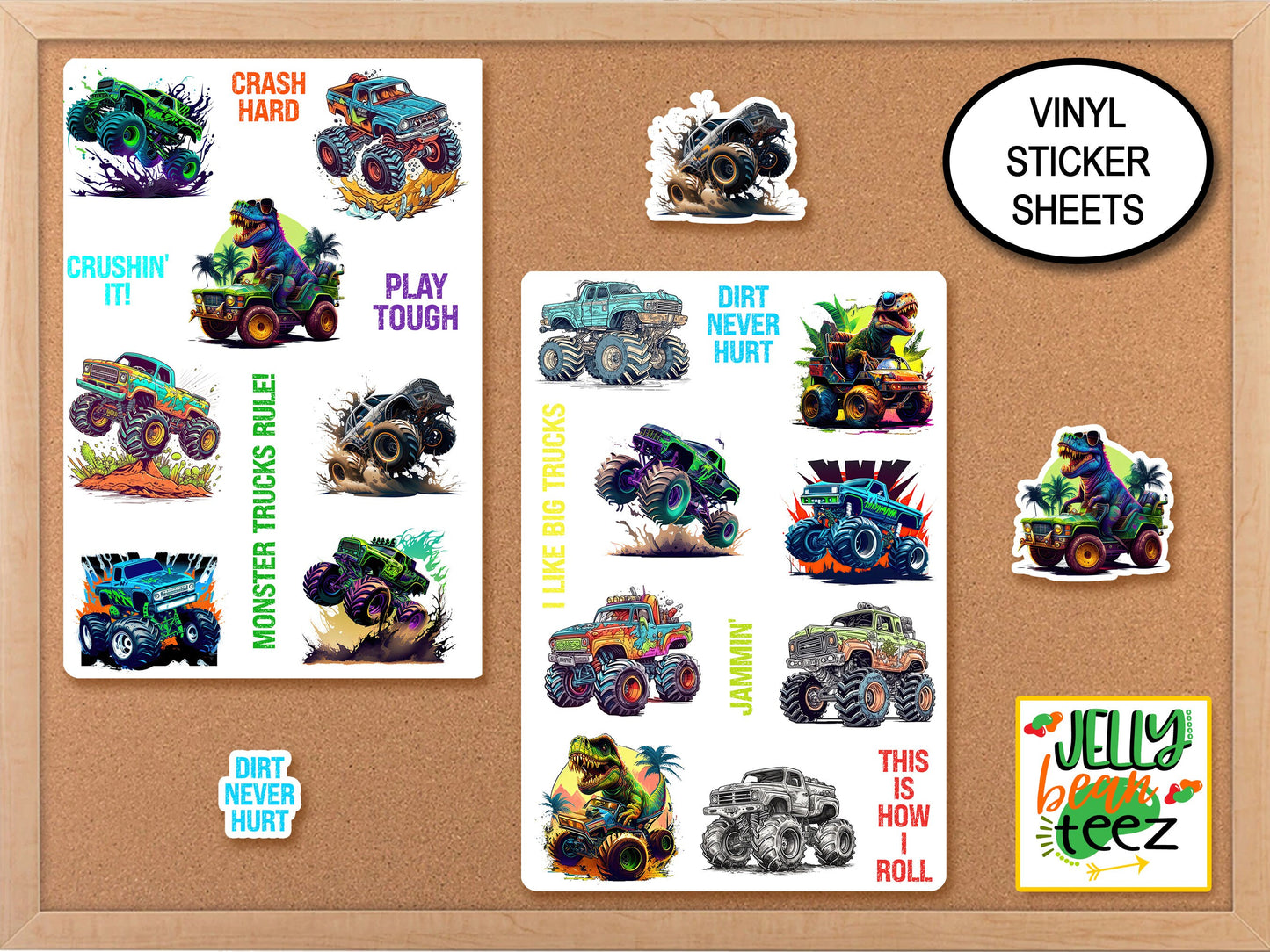 T-Rex Dinosaur Monster Truck Stickers For Kids, Monster Truck Decal Sticker Sheet, Dinosaur Birthday Party, Dinosaur Stickers, T-Rex Sticker