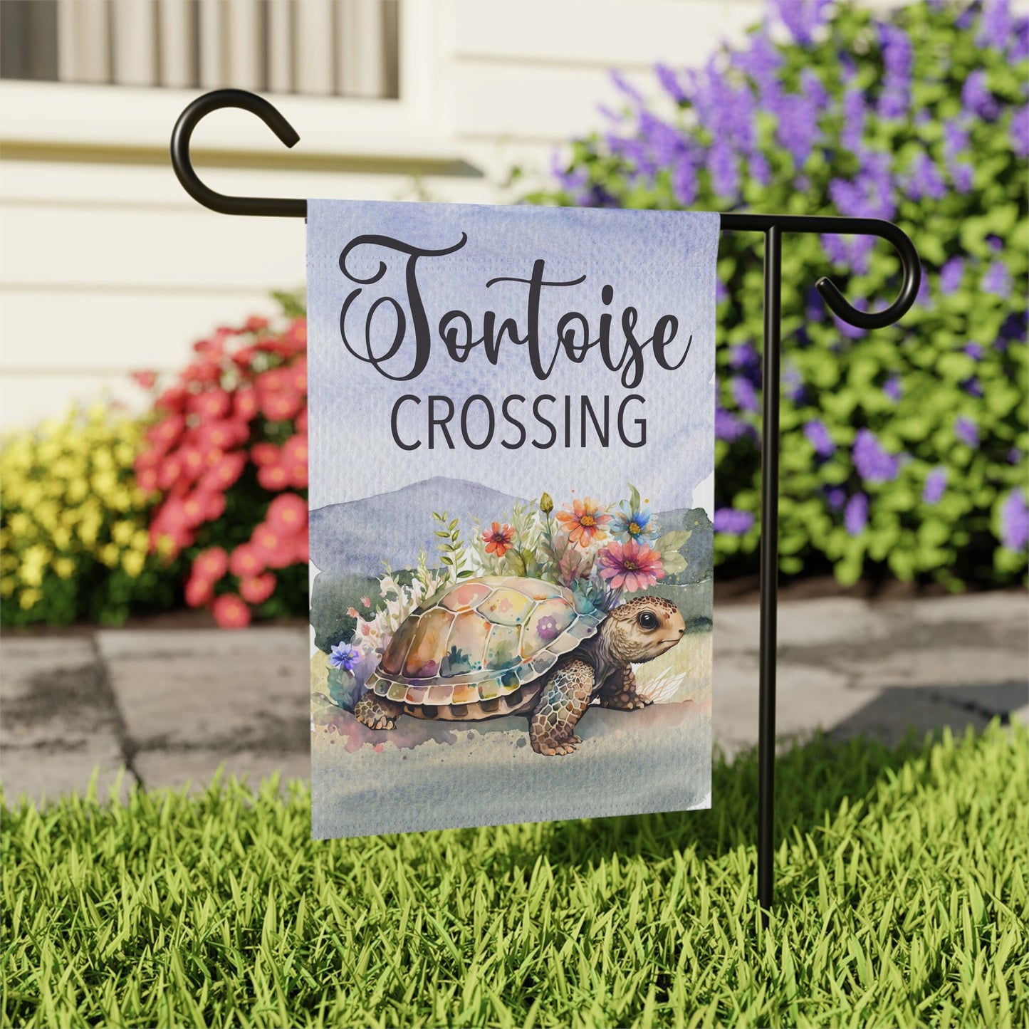 Tortoise Crossing Flag, Tortoise Habitat, Animal Crossing, Watercolor Turtle Sign, House Flag, Garden Flag, Wildflowers Banner Porch Flag