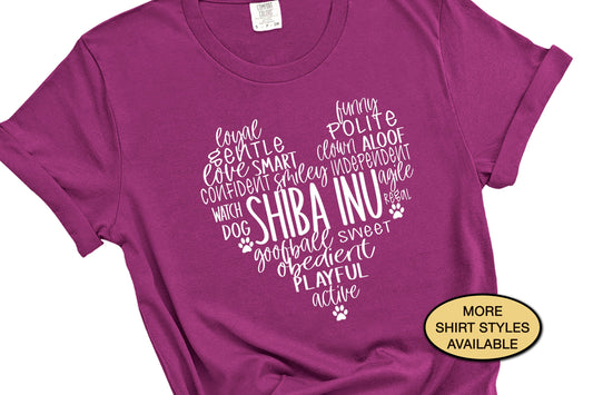 Shiba Inu Dog Traits Word Cloud Heart Shirt, Cute Dog Owner Gift for Mom, Vet Tech Tee, Pet Groomer Sweatshirt, Dog Walker Birthday Tshirt