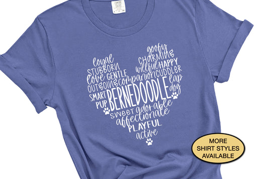 Bernedoodle Dog Traits Word Cloud Heart Shirt, Cute Dog Owner Gift for Mom, Vet Tech Tee, Pet Groomer Sweatshirt, Dog Walker Birthday Tshirt