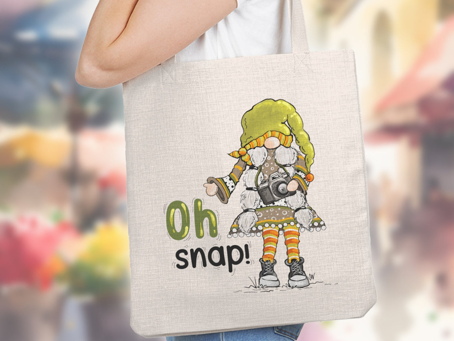 Oh Snap Gnome Photographer Reusable Tote Bag Aesthetic, Cute Book Bag Camera Photographer Gift, Shopping Bag, Art Teacher Tote, Gnome Lover