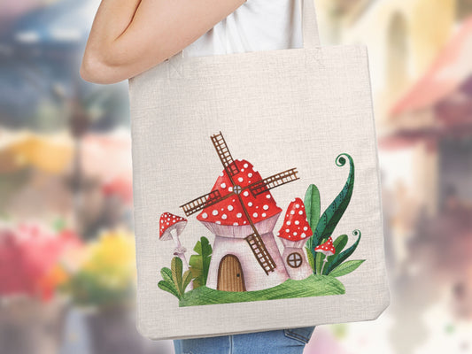 Windmill Mushroom Print Fairy House Cottage Core Bag, Farm House Market Shopping Bag Trendy Tote Reusable Grocery Bag, Library Book Tote Bag