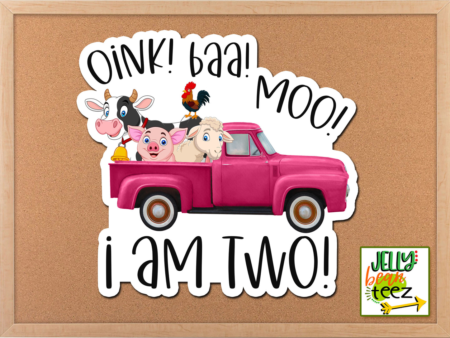 Oink Baa Moo I Am Two Farm Animals Pink Truck Sticker, Birthday Party Favor, Cow Pig Chicken Girls Birthday Gift, Barnyard Birthday Label