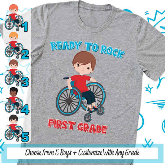 First Day of School Shirt, Handicap Boy Wheelchair Ready To Rock First Grade, Special Needs Disability Elementary Custom Shirt, Latino Black