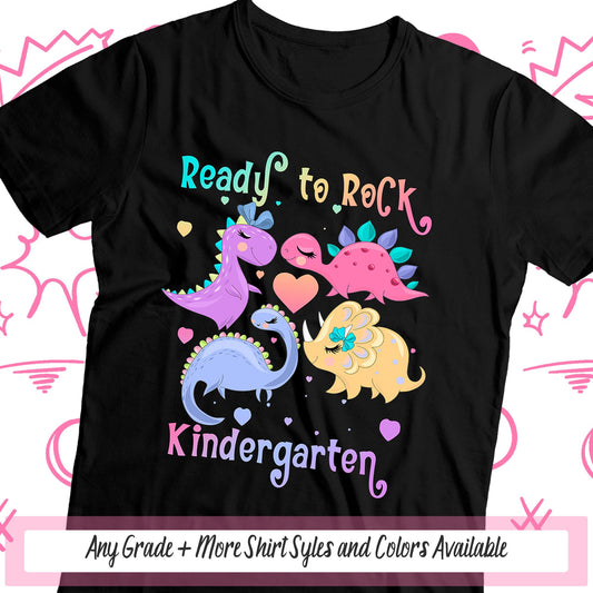 Dinosaur Girls Back To School Shirt, Kids Ready to Rock Kindergarten Dinosaur T Shirt, 1st Day of School 2nd Grade Shirt, Pre K Shirt