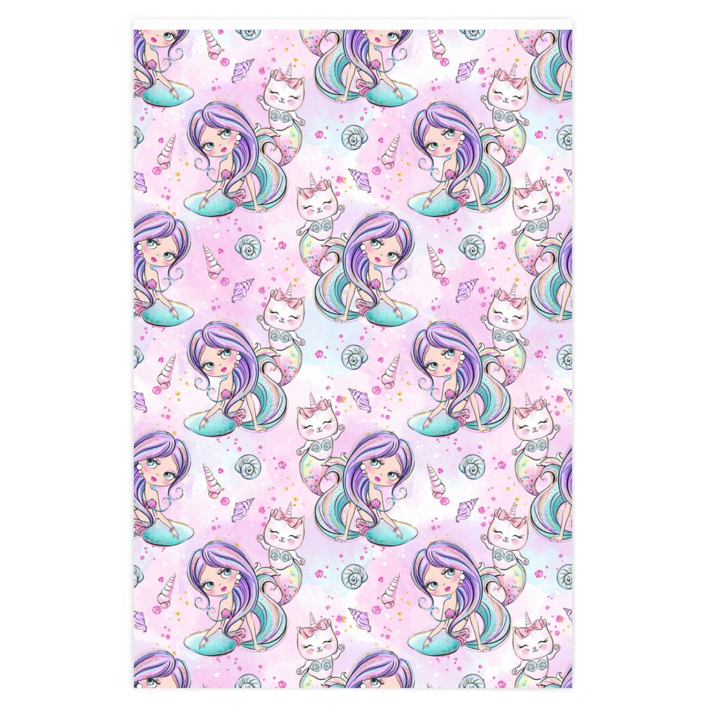 Mermaid Birthday Gift Wrapping Paper, Baby Shower Wrap Paper, Purple &nPink Boho Mermaid Cat Meowmaid Unicorn Party, Seashells Pattern Paper