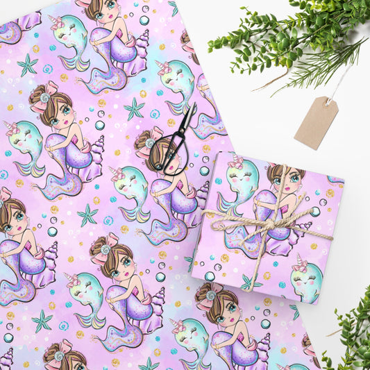 Narwhal Mermaid Birthday Gift Wrapping Paper, Pastel Mermaid Baby Shower Wrap Paper, Narwhal Unicorn of the Sea Party Seashell Pattern Paper