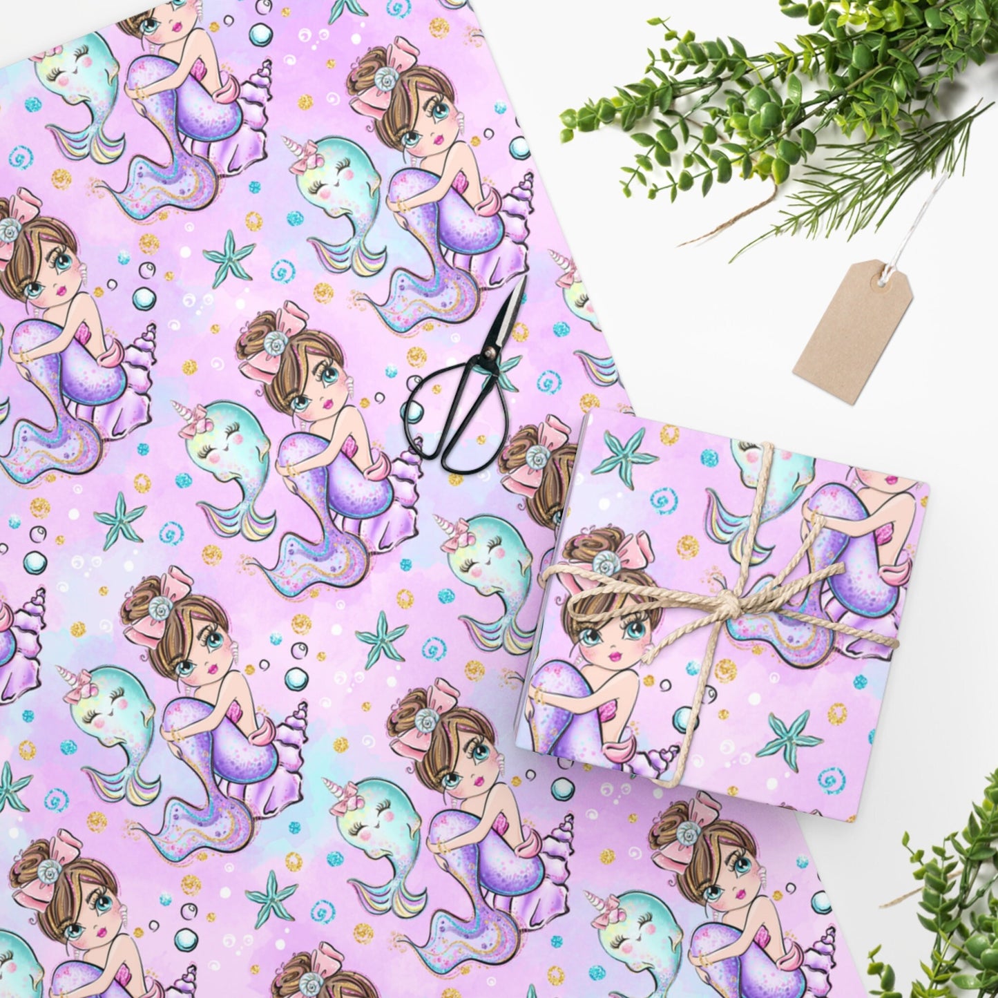 Narwhal Mermaid Birthday Gift Wrapping Paper, Pastel Mermaid Baby Shower Wrap Paper, Narwhal Unicorn of the Sea Party Seashell Pattern Paper