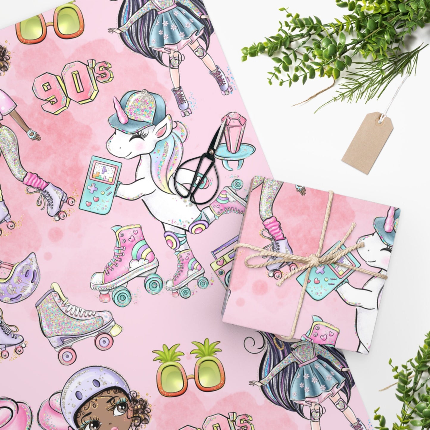 Roller Skate Retro Vibes Birthday Gift Wrapping Paper, Skating Pattern Paper, Roller Rink Party Pink Gift Wrap Paper, Unicorn Black Girl