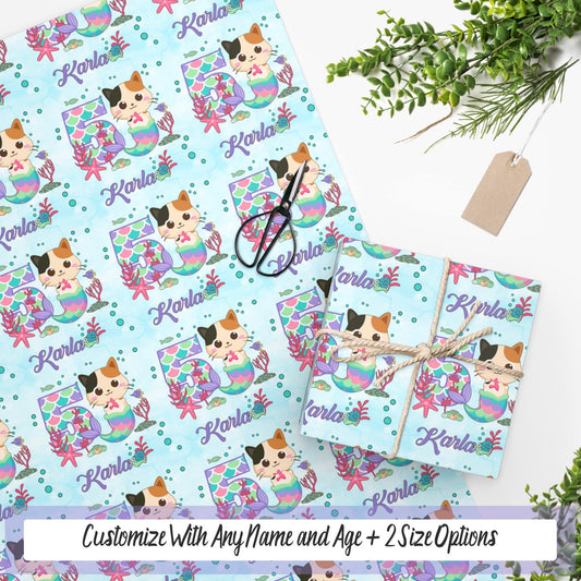 Personalized Meowmaid Gift Wrapping Paper Roll, Mermaid Cat Birthday Gift Wrap Paper, Christmas Wrapping, Baby Shower Name Wrapping Paper