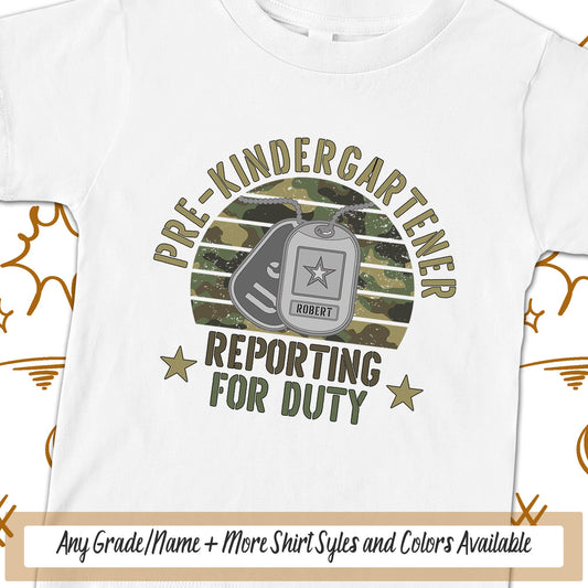 Pre-Kindergartener School TShirt, Boys Personalized Reporting For Duty Military Kid First Day Of School, Dog Tags Soldier School Spirit PreK