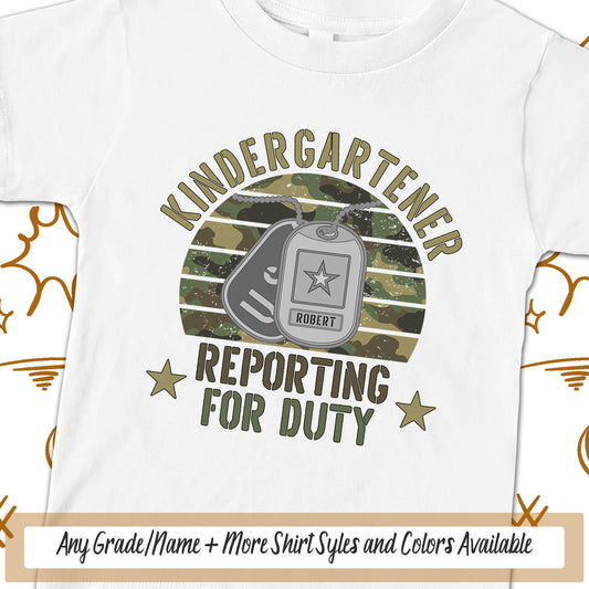Kindergartener School TShirt, Boys Personalized Reporting For Duty Military Kids First Day Of School, Dog Tags Soldier School Spirit Tshirt