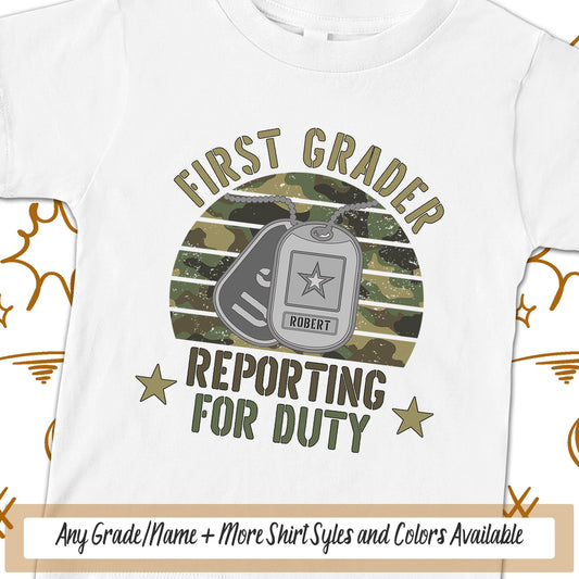 First Grader School TShirt, Boys Personalized Reporting For Duty Military Kids First Day Of School, Dog Tags Soldier School Spirit Tee Shirt