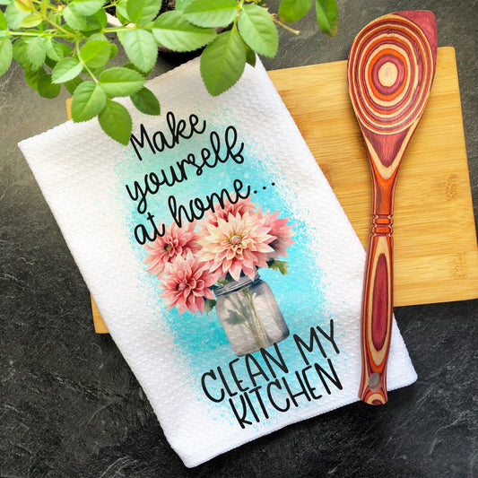 Make Yourself At Home Cute Kitchen Towel, Funny Wedding Gift, Clean My Kitchen Dish Towel, Hand Towels, Farmhouse Kitchen Waffle Towel Gifts