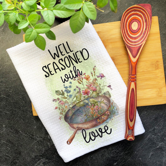 Well Seasoned With Love Cute Kitchen Towel, Funny Wedding Gift, Dish Towel, Hand Towels, Farmhouse Kitchen Waffle Towel, Funny Housewarming