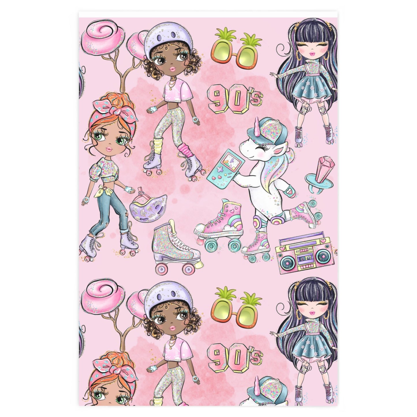 Roller Skate Retro Vibes Birthday Gift Wrapping Paper, Skating Pattern Paper, Roller Rink Party Pink Gift Wrap Paper, Unicorn Black Girl