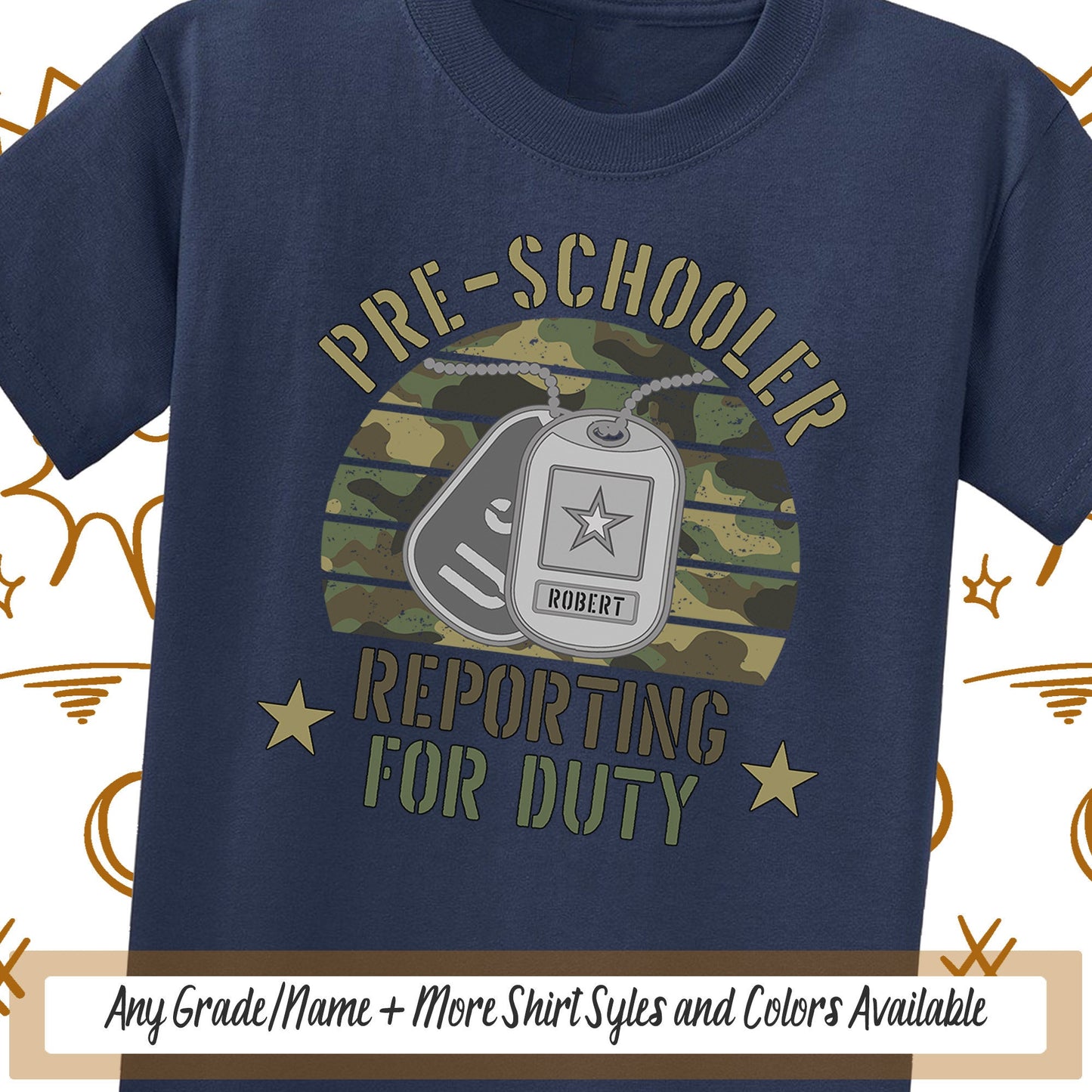 Preschool Shirt, Boys Personalized Reporting For Duty Military Kid First Day Of School, Dog Tags Soldier, 1st Day Back To School Pre-K PreK