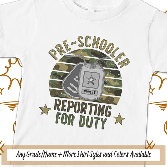 Preschool Shirt, Boys Personalized Reporting For Duty Military Kid First Day Of School, Dog Tags Soldier, 1st Day Back To School Pre-K PreK