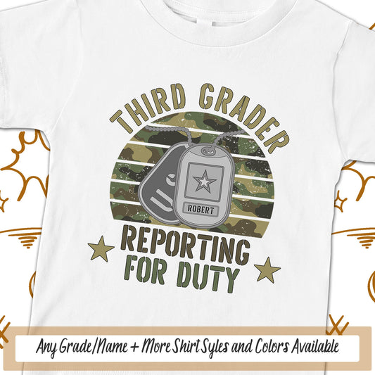 Third Grader School TShirt, Boys Personalized Reporting For Duty Military Kids First Day Of School, Dog Tags Soldier School Spirit Tee Shirt