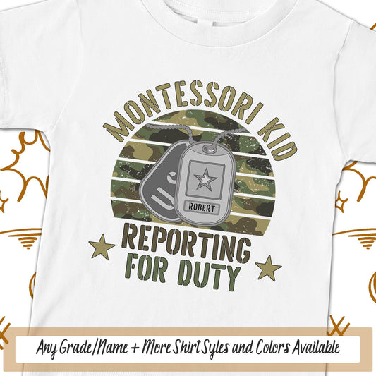 Montessori Kid School TShirt, Boys Personalized Reporting For Duty Military Kids First Day Of School, Dog Tags Soldier School Spirit PreK