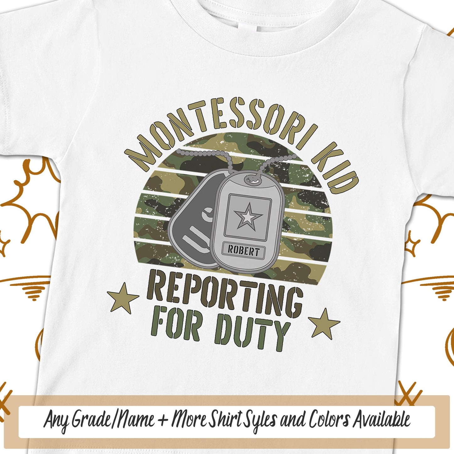 Montessori Kid School TShirt, Boys Personalized Reporting For Duty Military Kids First Day Of School, Dog Tags Soldier School Spirit PreK