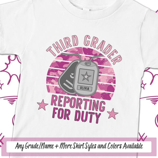 Third Grader School TShirt, Girls Personalized Reporting For Duty Military Kid First Day Of School, Dog Tags Soldier School Spirit Tee Shirt