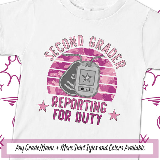 Second Grader School Shirt, Girls Personalized Reporting For Duty Military Kid First Day Of School, Dog Tags Soldier School Spirit Tee Shirt