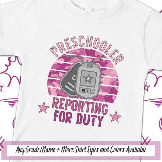 Preschool Shirt Girls Personalized Reporting For Duty Military Kid First Day Of School, Dog Tags Soldier, 1st Day Back To School Pre-K PreK