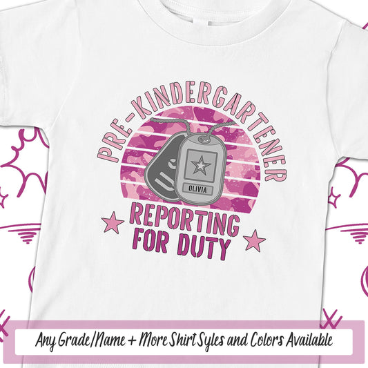 Pre-Kindergartener School Shirt, Girls Personalized Reporting For Duty Military Kid First Day Of School, Dog Tags Soldier School Spirit PreK