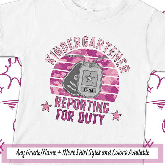 Kindergartener School TShirt, Girls Personalized Reporting For Duty Military Kids First Day Of School, Dog Tags Soldier School Spirit Tshirt