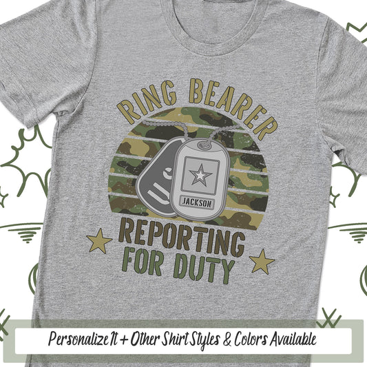 Ring Bearer Reporting For Duty Bridal Shirt, Bridal Party, Military Wedding Ring Bearer Gift, Ring Bearer Proposal, Dog Tags Camouflage Tee