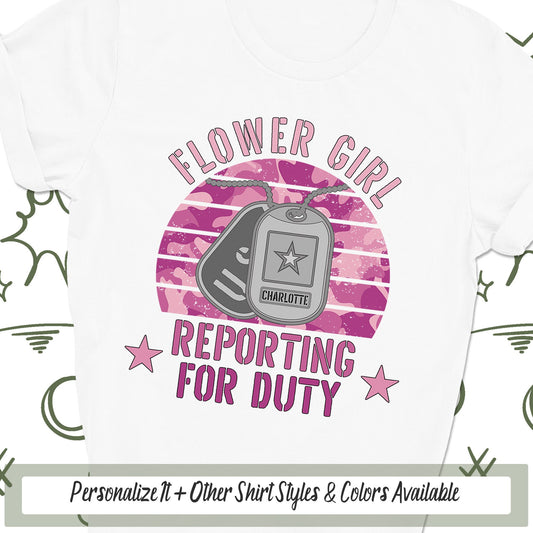 Flower Girl Reporting For Duty Bridal Shirt, Bridal Party, Military Wedding Flower Girl Gift, Flower Girl Proposal, Dog Tags Camouflage Tee