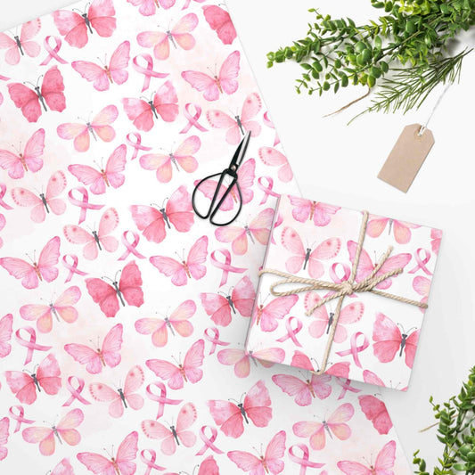 Pink Butterfly Breast Cancer Ribbon Gift Wrap Paper, Pink Wrapping Paper, Cancer Awareness Love Gift, Breast Cancer Gifts, Cancer Survivor