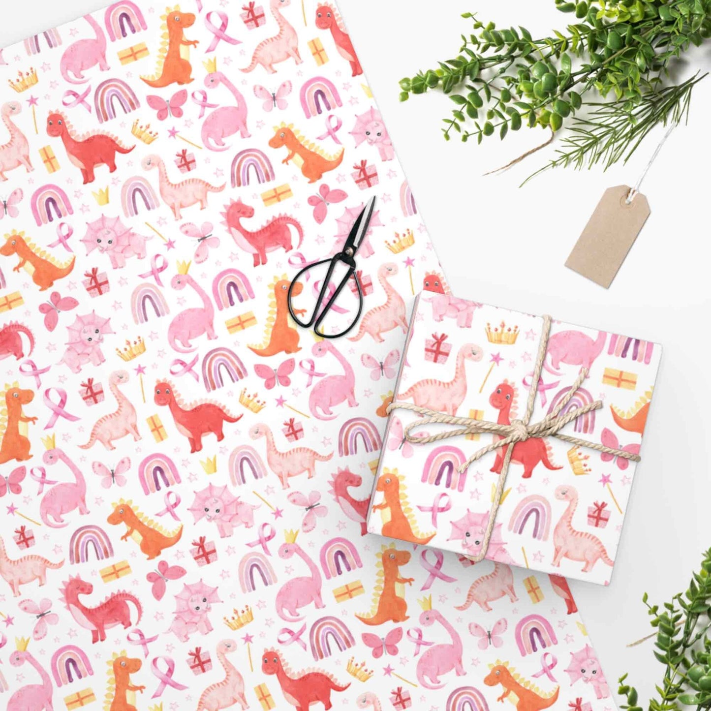 Girl Dinosaur Pink Breast Cancer Ribbon Gift Wrap Paper, Pink Wrapping Paper, Cancer Awareness Love Gift, Cancer Survivor Breast Cancer Gift