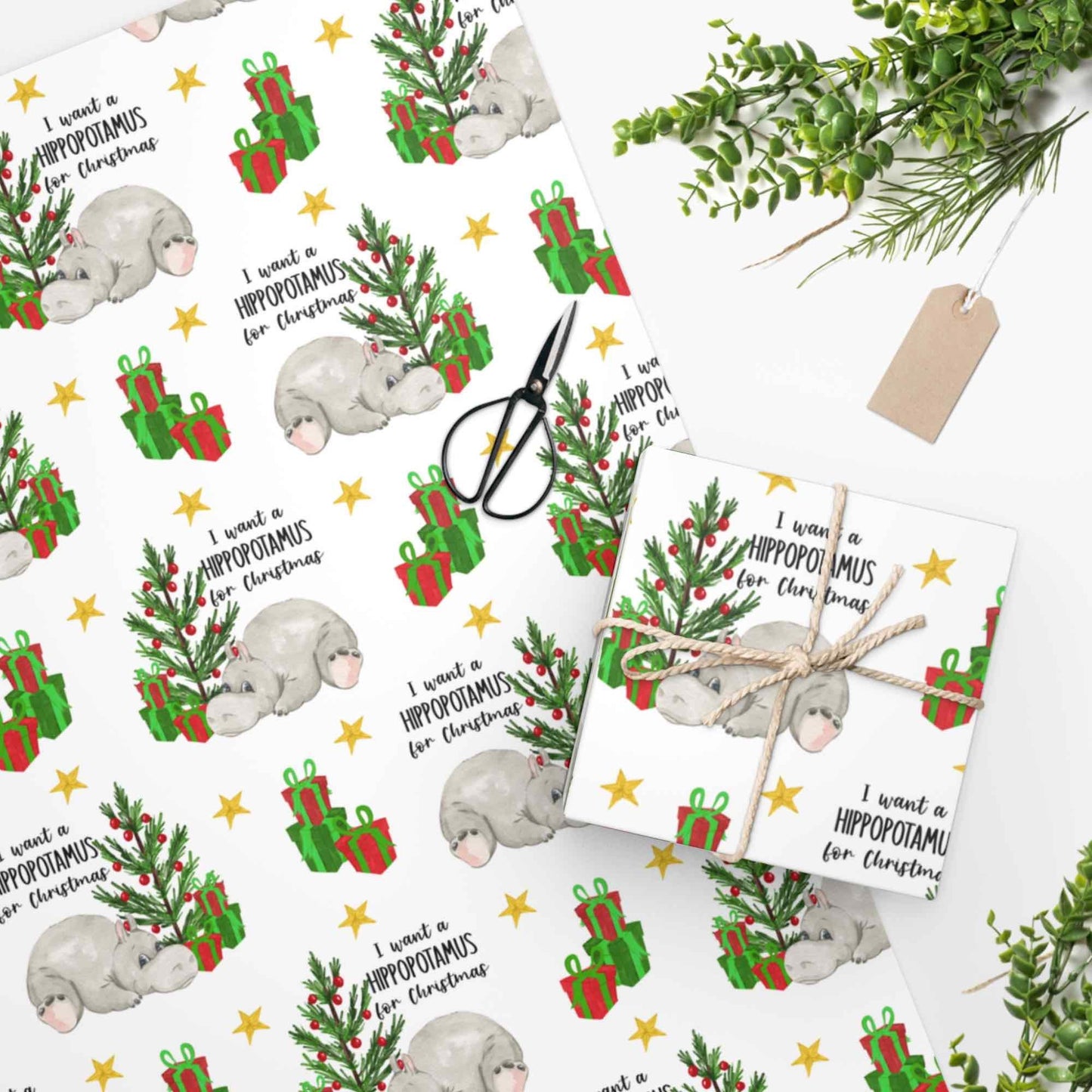 I Want A Hippopotamus for Christmas Gift Wrap, Funny Christmas Gift, Christmas Hippo, Whimsical Gift Wrapping Paper Roll, Cute Gift Wrap