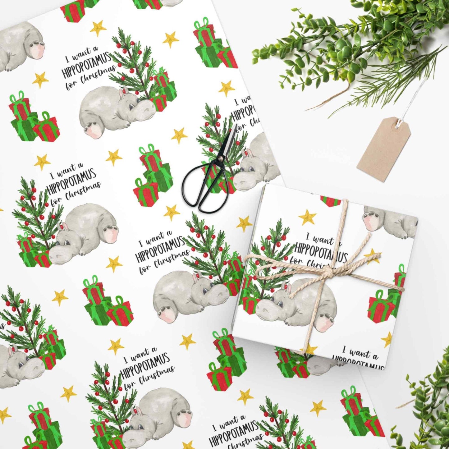 I Want A Hippopotamus for Christmas Gift Wrap, Funny Christmas Gift, Christmas Hippo, Whimsical Gift Wrapping Paper Roll, Cute Gift Wrap