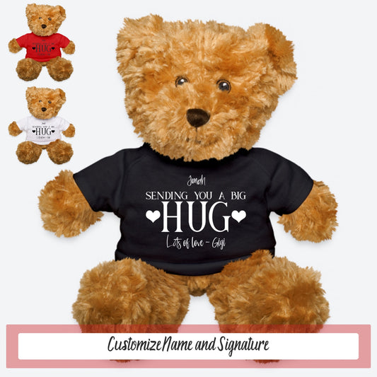 Sending Hugs Teddy In A TShirt Personalized Bear Gift, Graduation Bear, Christmas Bear, Get Well Gift from Grandma, Teddy Baby Shower Gift