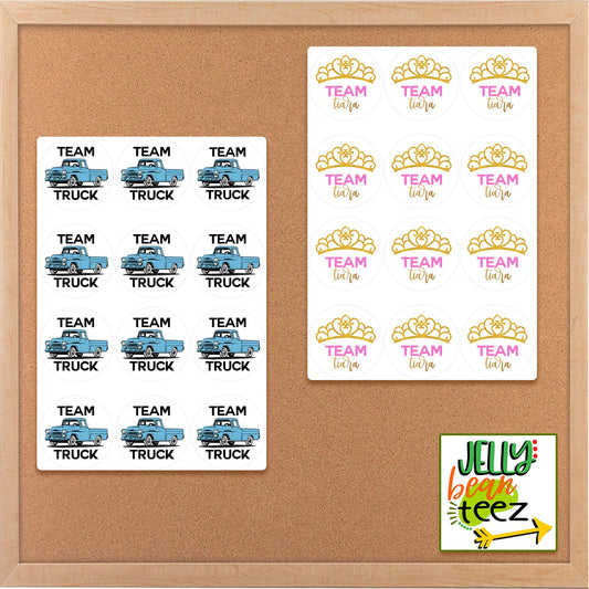 Team Tiara Team Truck Gender Reveal Sticker Sheets, Round Stickers, Gender Reveal Favors, Pregnancy Reveal Game, Gender Reveal Gifts
