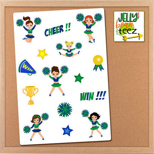 Blue & Green Team Cheerleader Clipart Sticker Sheet, Sports Team Pride Planner Sticker, Cheer Girls Calendar Stickers, Journal Sticker