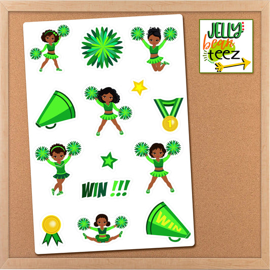 Green Team Pride Black Girl Cheerleader Clipart Sticker Sheet, Afro Girl Sticker, Planner Sticker, Cheer Calendar Stickers, Journal Sticker