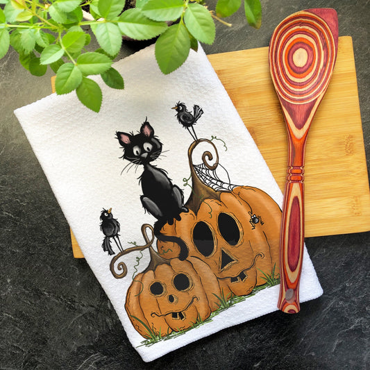 Happy Halloween Black Cat Dish Towel, Funny Towel Decoration, Black Bird, Halloween Tea Towel Cat Gift Ideas, Kitchen Hanging Towel Decor