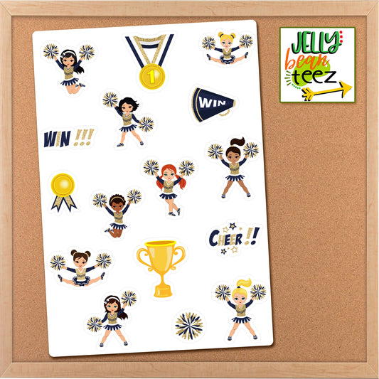 Gold & Navy Cheerleader Clipart Sticker Sheet, Multicultural Black Girl Sticker, Planner Stickers, Cheer Calendar Stickers, Journal Sticker