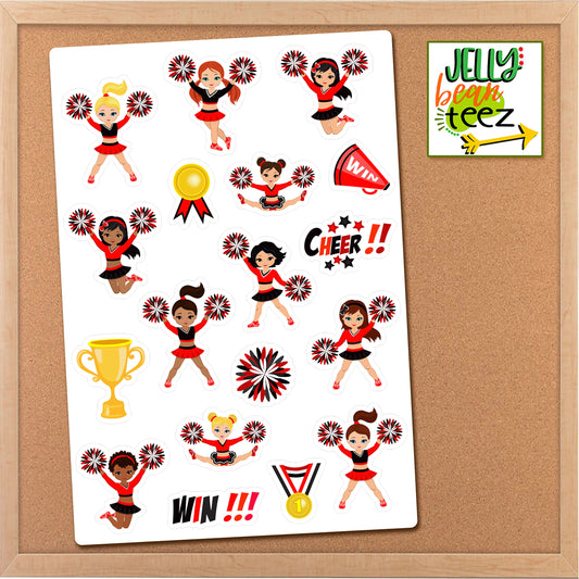 Red & Black Cheerleader Clipart Sticker Sheet, Multicultural Black Girl Sticker, Planner Sticker, Cheer Calendar Stickers, Journal Sticker