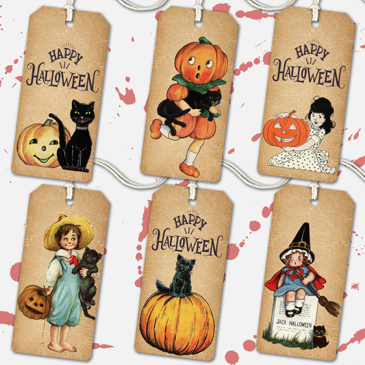 Vintage Halloween Favor Tags, Halloween Treat Bags Printed Tags, Cute Halloween Kids Black Cats, Happy Halloween Pumpkin, Halloween Gift Tag