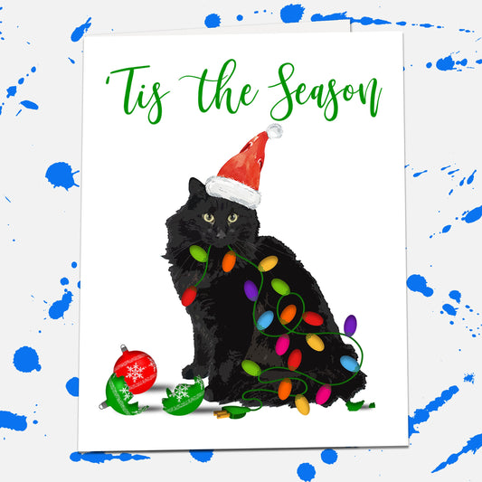 Tis The Season Long Hair Black Cat Card, Christmas Lights Holiday Cards, Cat Christmas Gift, Cute Cat Lover Gift, Cat Art Funny Card Cat Mom