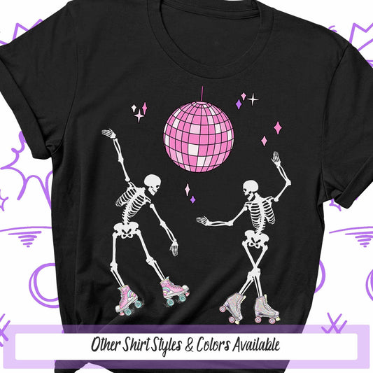 Retro Roller Skating Skeletons Disco Shirt, Dancing Skeletons 70s Shirt, Roller Derby Gifts, Roller Skate Trendy Shirts, Disco Ball Goth Tee