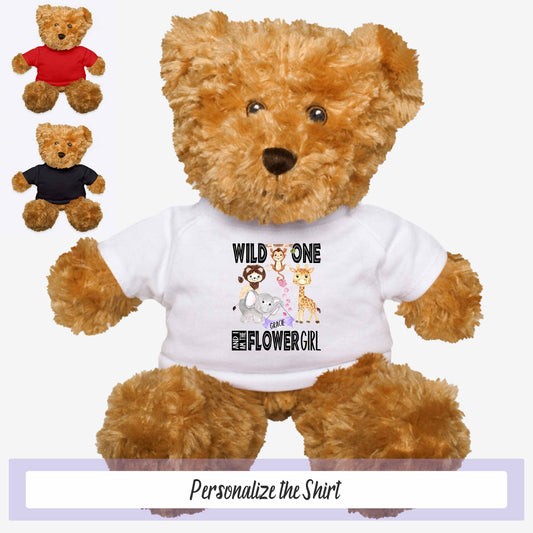 Wild One Flower Girl Proposal Stuffed Bear Gift, Brown Teddy in Tshirt Little Girl Gift, Will You Be My Flower Girl Gift, Flower Girl Ask