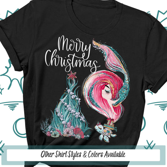 Mermaid Christmas Shirt, Mermaid Tail Coastal Christmas Tshirt, Sea Turtle Christmas Tree Mom Shirt, Christmas Gifts,  Girls Hawaii Xmas Tee